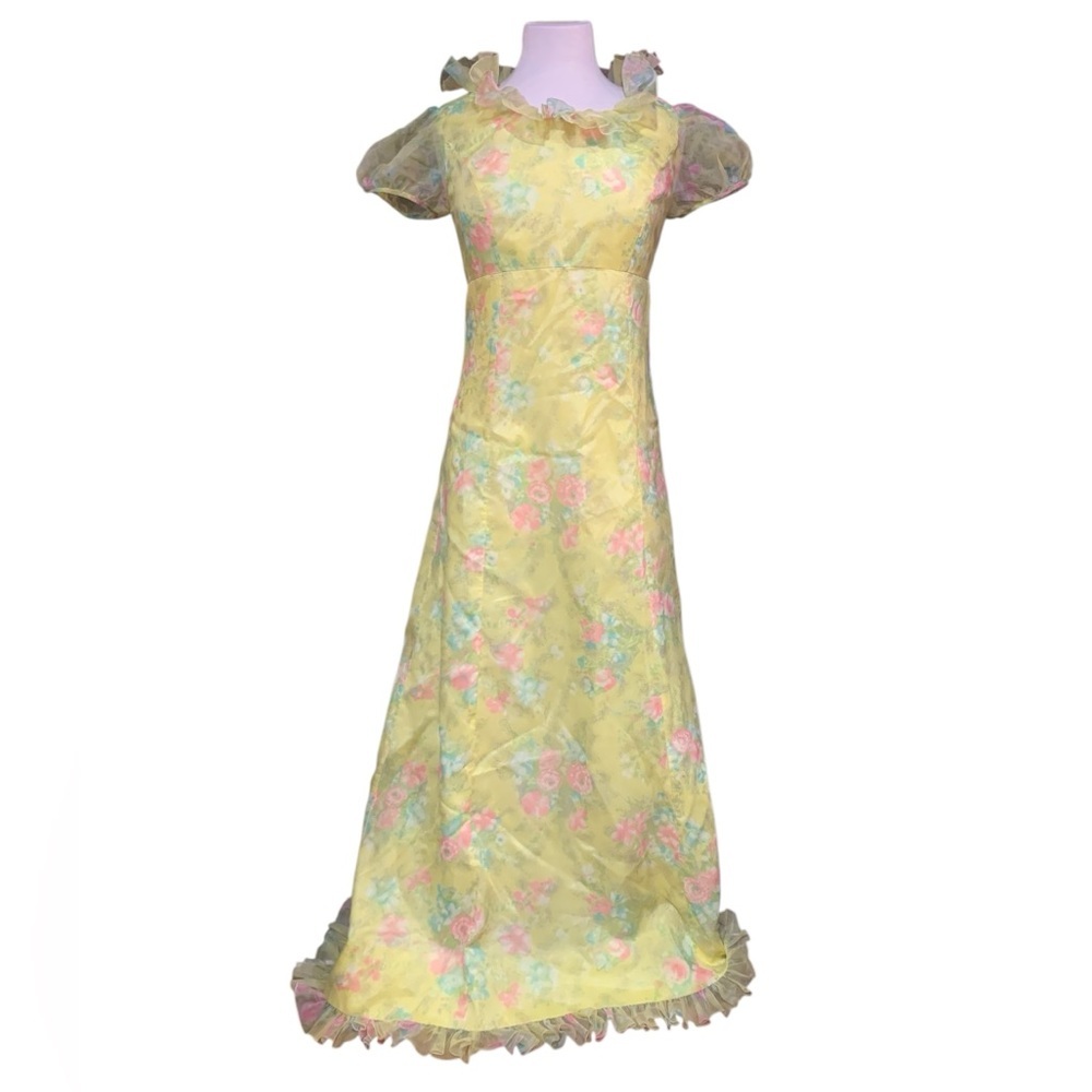 Vintage 60’s pastel floral Bridgerton style maxi dress with sheer cap sleeves